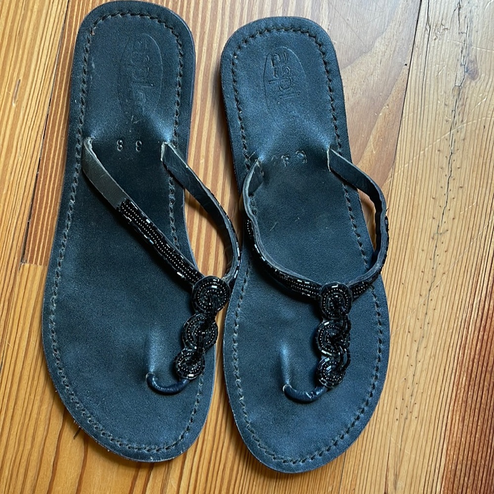Black leather embellished sandals